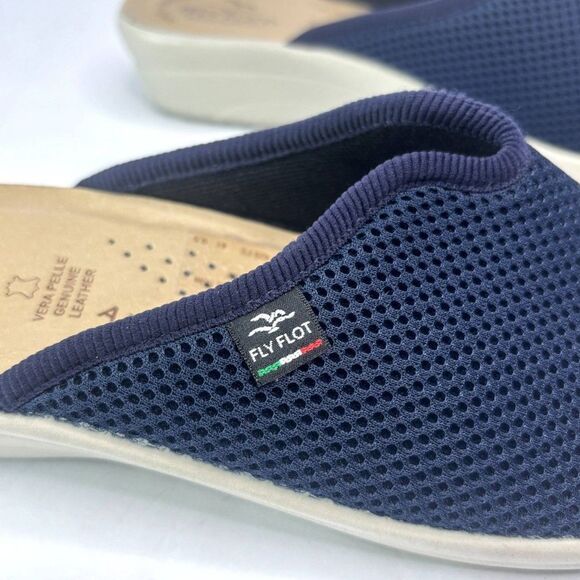 Fly Flot Italian Navy Blue Comfy Tan Wedge Slide Sandals Slip Ons Mesh Womens - Picture 6 of 8